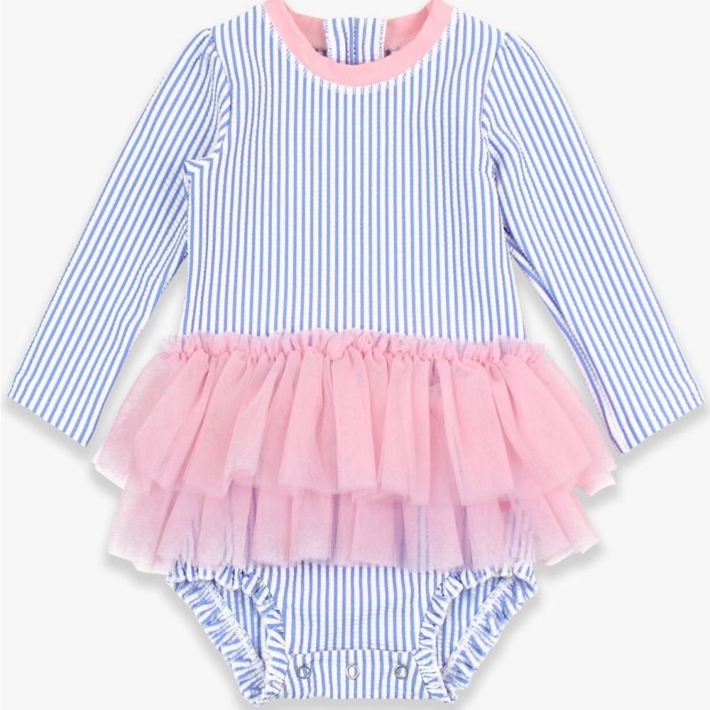 Ruffle Butts Blue Pinstripe One-Piece with Pink Tulle Ruffles